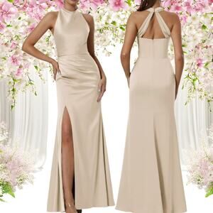 AW BRIDAL sz 8 champagne gold crystal satin Maharaol formal maxi dress NEW 0B3